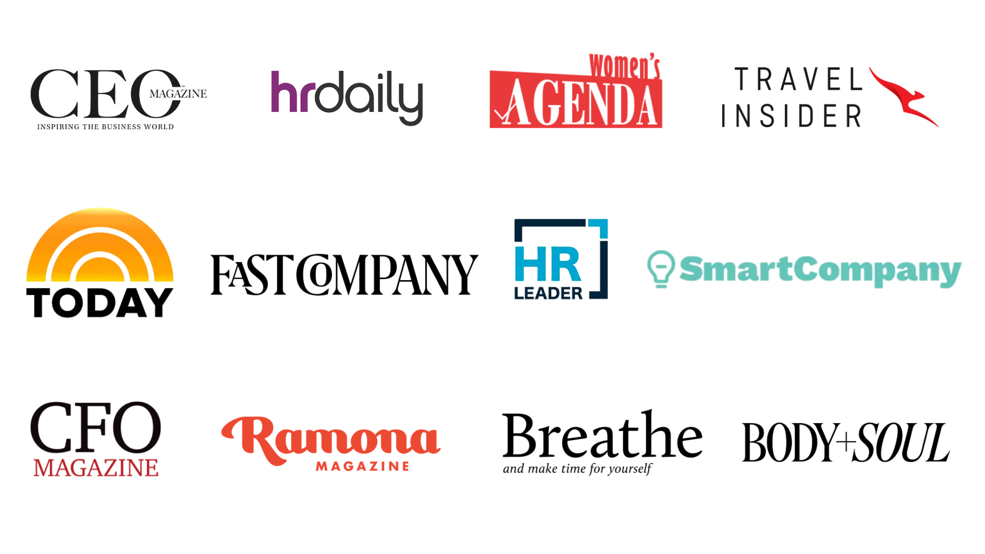 Featured in CEO Magazine, HR Daily, Women's Agenda, Qantas Travel Insider, Today, SmartCompany, Body+Soul, CFO Magazine, HR Leader, Breathe, and Ramona Magazine