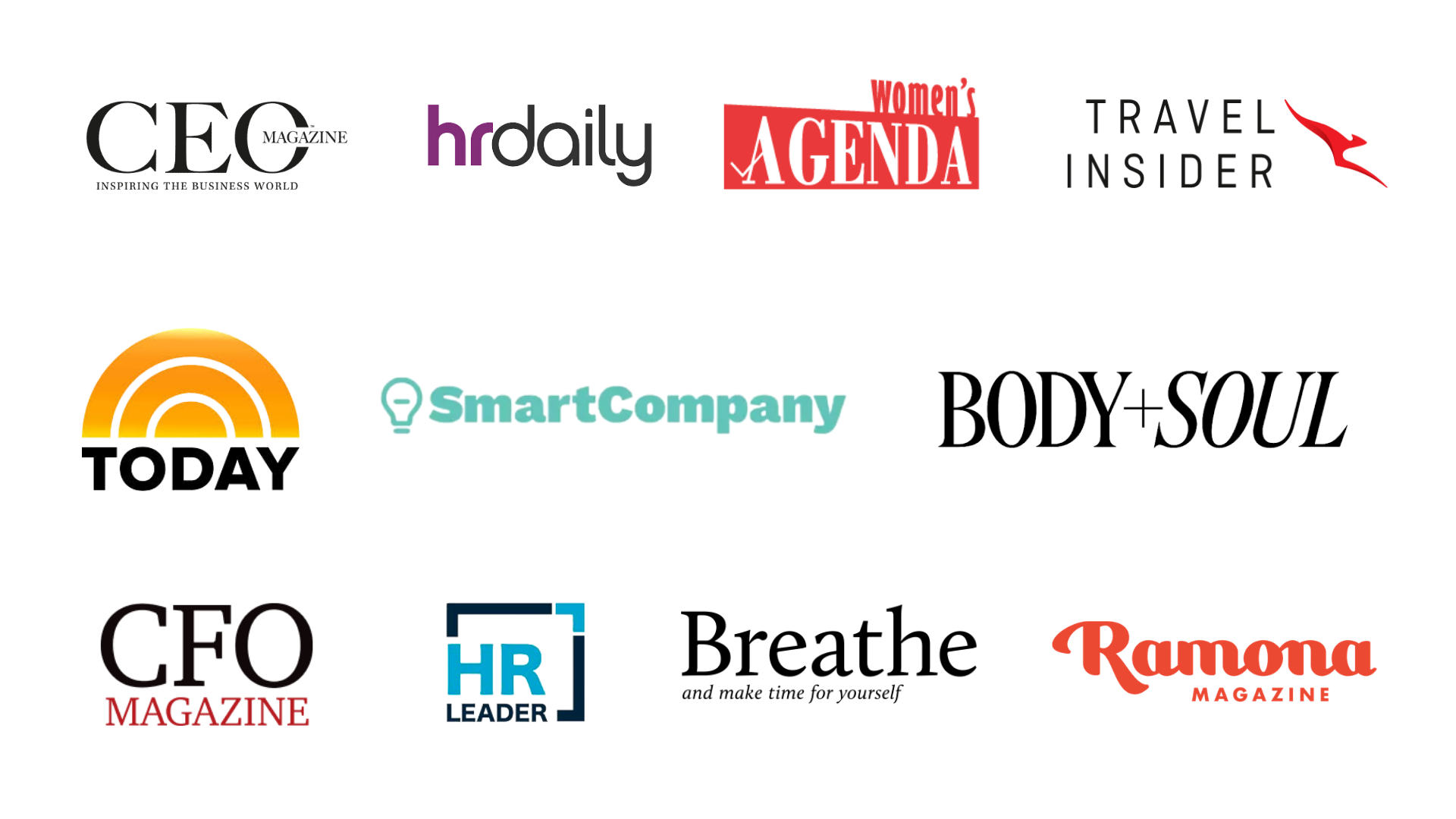 Featured in CEO Magazine, HR Daily, Women's Agenda, Qantas Travel Insider, Today, SmartCompany, Body+Soul, CFO Magazine, HR Leader, Breathe, and Ramona Magazine